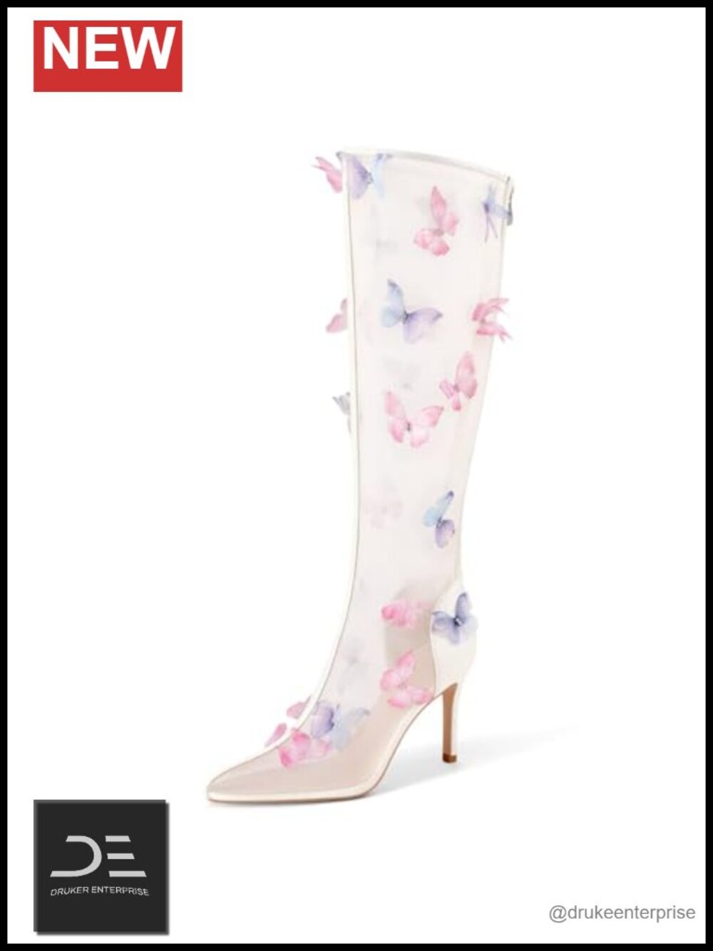 Clear Knee High Boots Butterfly Pointed Toe Stiletto Heels Mesh Back Zipper